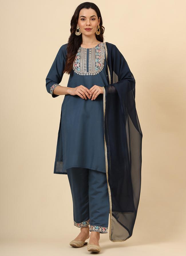 Silk Blend Blue Casual Wear Embroidery Work Readymade Straight Suit